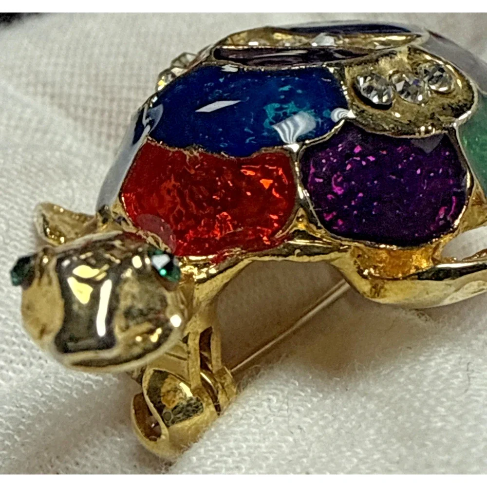 Vintage Rhinestone Guilloche Enamel Painted Turtle Tortoise Brooch Pin